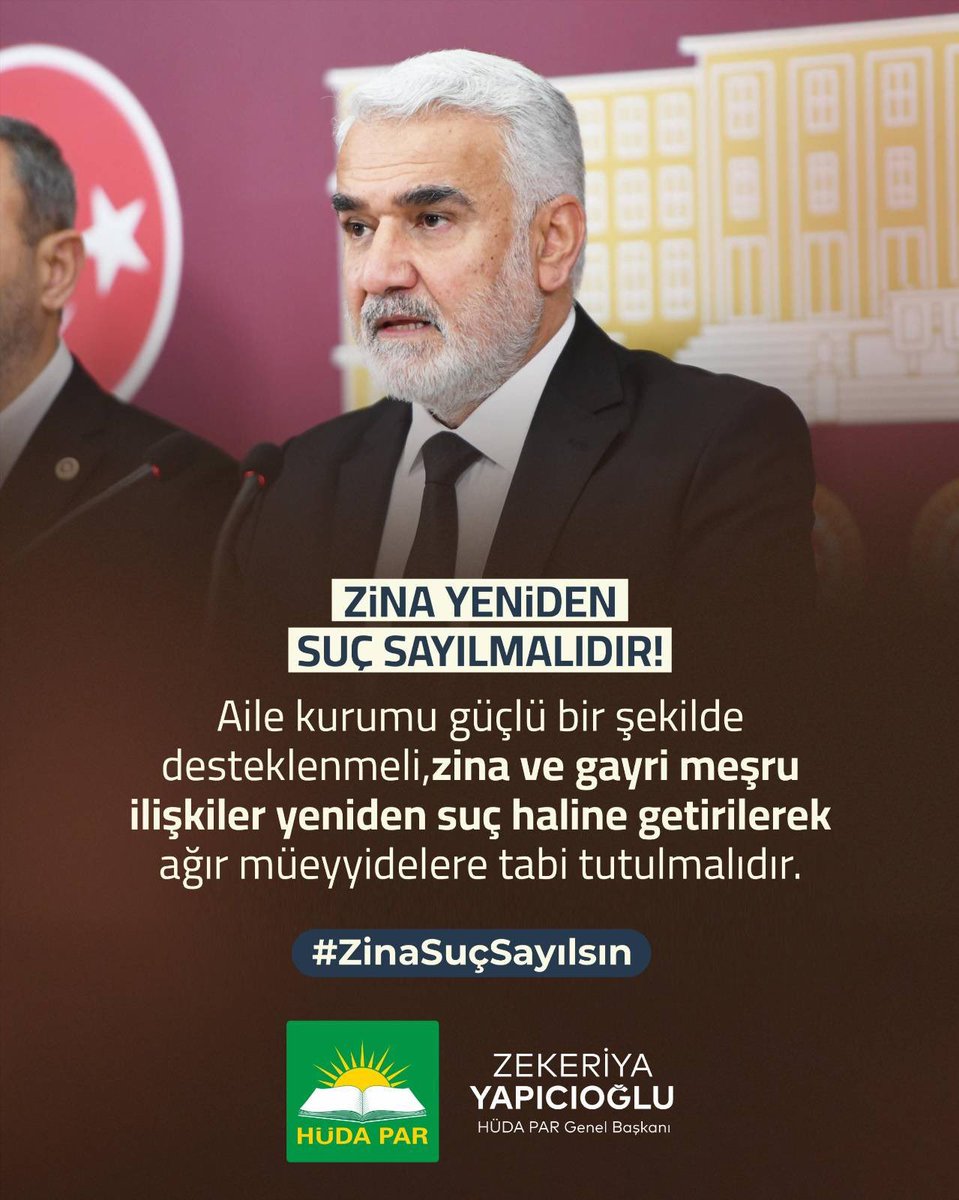 ZİNA YENİDEN SUÇ SAYILMALIDIR!

Aile kurumu güçlü bir şekilde desteklenmeli,
zina ve gayri meşru ilişkiler yeniden suç haline getirilerek
ağır müeyyidelere tabi tutulmalıdır.

#ZinaSuçSayılsın