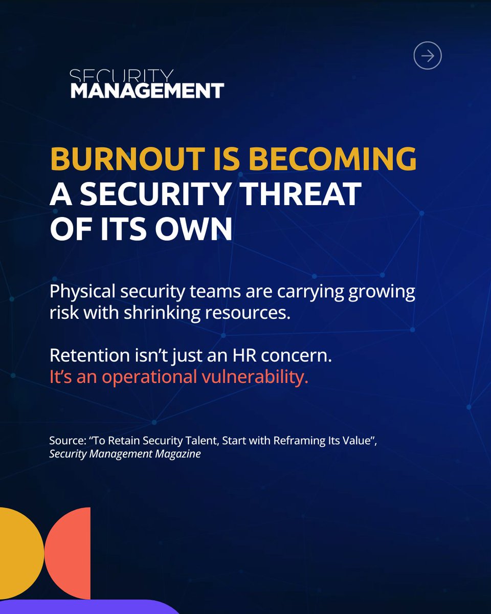 ASIS_Intl's tweet image. Burnout weakens security.
Underfunded teams face rising risks and rising turnover.
Reframing #physicalsecurity’s impact is the first step toward retention and resilience. bit.ly/3YM7476 

@SecMgmtMag #RiskResilience #WorkforceSecurity #ASISInternational