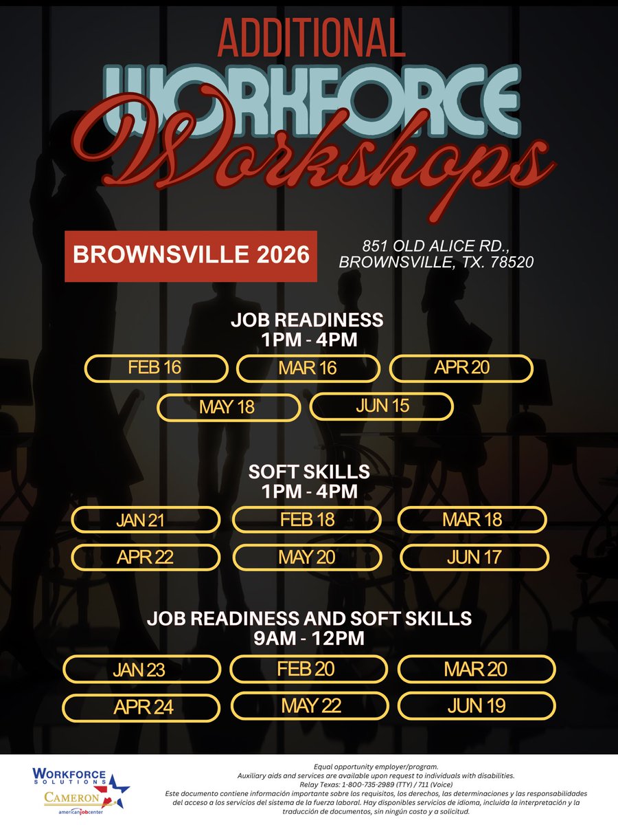 WFSCameron's tweet photo. NEW WORKFORCE WORKSHOP DATES HAVE DROPPED!
 
If you need a refresher on job interviewing, resumes or soft skills, attend one of our upcoming workshops!
NO SIGN-UP REQUIRED!
 
Check out our schedule for 2026! https://t.co/tI6wFN465W