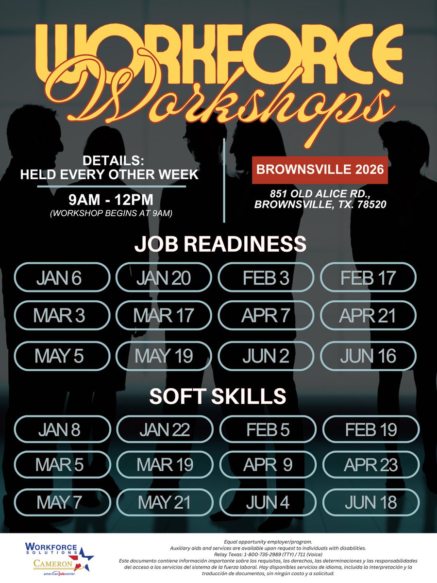 WFSCameron's tweet photo. NEW WORKFORCE WORKSHOP DATES HAVE DROPPED!
 
If you need a refresher on job interviewing, resumes or soft skills, attend one of our upcoming workshops!
NO SIGN-UP REQUIRED!
 
Check out our schedule for 2026! https://t.co/tI6wFN465W