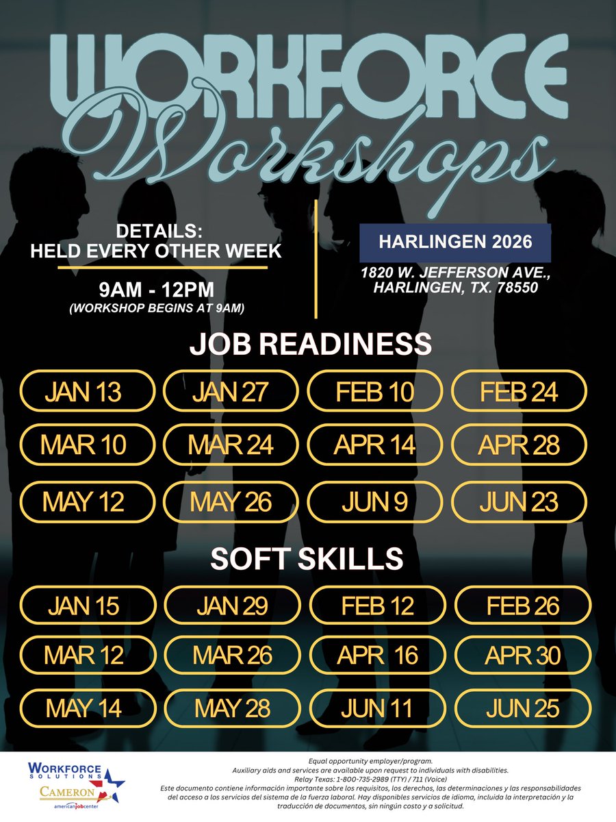 WFSCameron's tweet photo. NEW WORKFORCE WORKSHOP DATES HAVE DROPPED!
 
If you need a refresher on job interviewing, resumes or soft skills, attend one of our upcoming workshops!
NO SIGN-UP REQUIRED!
 
Check out our schedule for 2026! https://t.co/tI6wFN465W