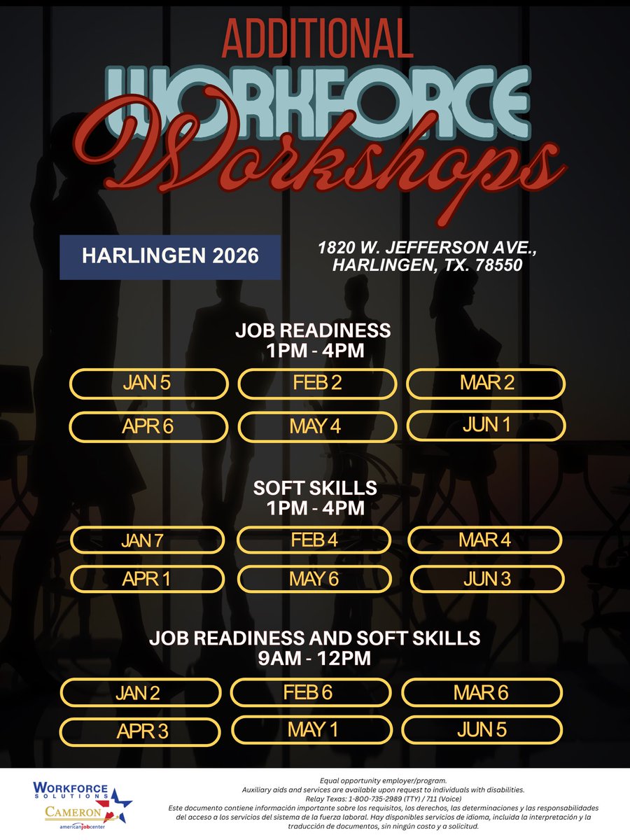 WFSCameron's tweet photo. NEW WORKFORCE WORKSHOP DATES HAVE DROPPED!
 
If you need a refresher on job interviewing, resumes or soft skills, attend one of our upcoming workshops!
NO SIGN-UP REQUIRED!
 
Check out our schedule for 2026! https://t.co/tI6wFN465W