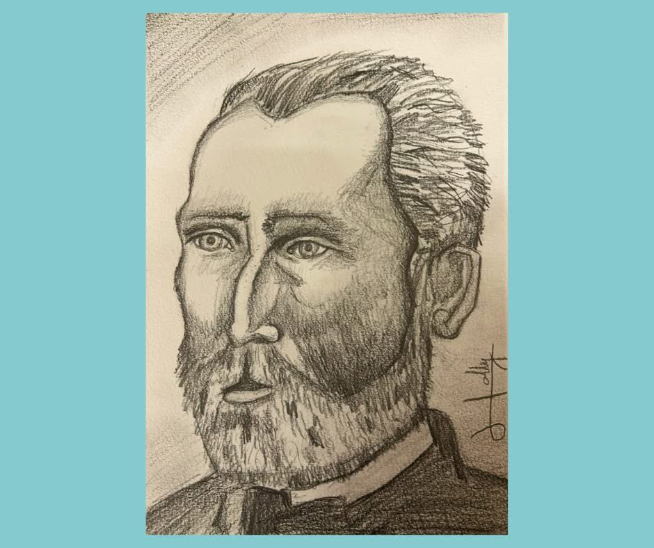 This drawing of Vincent Van Gogh is by 13 year old Holly McClean who has been working hard this term on drawing the face. This final drawing was completed in two classes and we think it is wonderful!