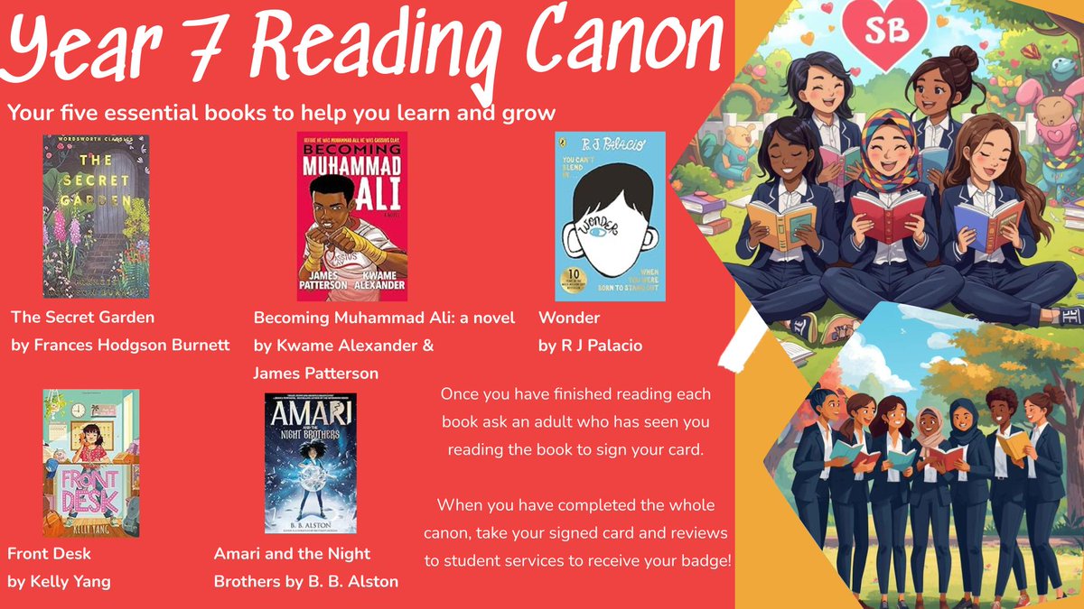 SBonnellSchool's tweet photo. 📚 We’re excited to launch our Sarah Bonnell Reading Canon — five essential books for every year group to inspire a lifelong love of reading.

📖 Each day this week we’ll share a new year group, starting with Year 7. ✨
#SBLovestoRead #YearOfReading2026 https://t.co/auhh0IeegL