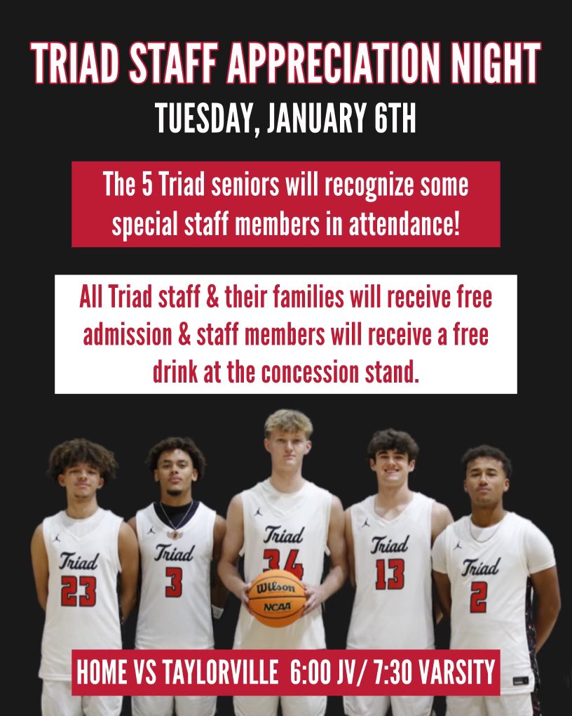 Staff Appreciation night is tonight!
6:00 JV 7:30 V tip!
<a href="/TriadKnights/">Triad Knights</a> <a href="/BarstoolTriad/">BarstoolTriad</a>