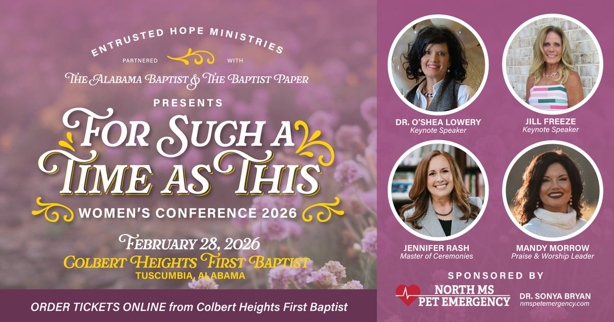Conference Information:
Ticket Cost: $35.00 (this includes lunch)
Tickets are on sale now at: mountaintopwomen.com
First Baptist Colbert Heights, Tuscumbia, AL.
February 28th--2026
Time: 9:00 a.m.
#entrustedhopeministries #womensconference
