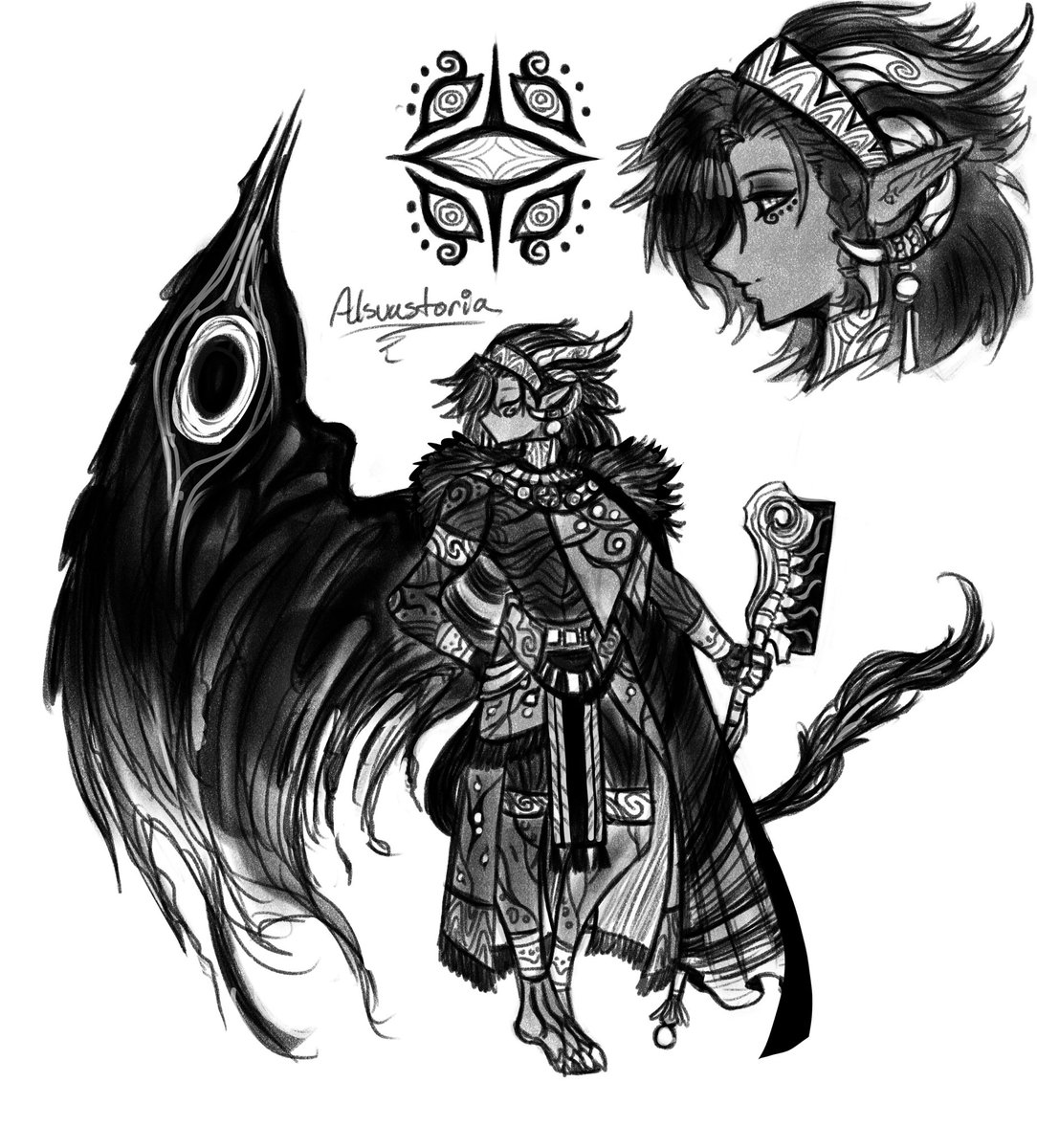 Here’s a more complete sketch concept of my main OC. Alsvastoria, speaker of the goddess tree.