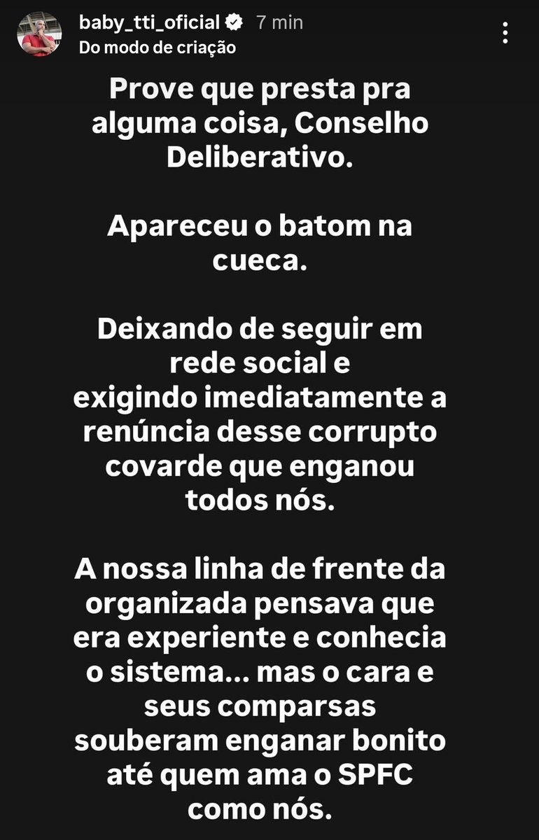 somosaopaulinos's tweet image. Baby afirma que foi enganado por Julio Casares e pede saída do presidente.
