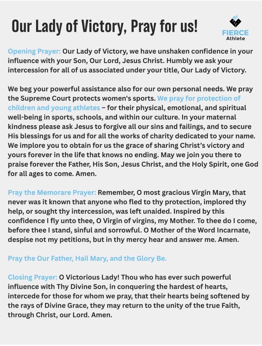 <a href="/FIERCEathlete1/">FIERCE Athlete</a> is running a 🔥 novena for the Supreme Court case on women’s sports next week. Our Lady of Victory, pray for us! 🙏