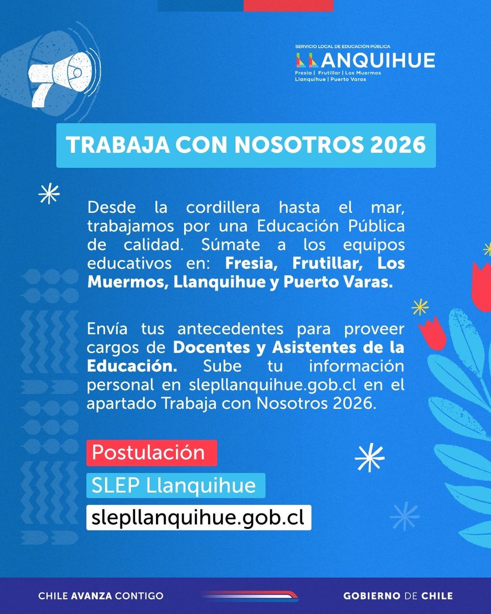 Trabaja con nosotros 2026

Súmate a los equipos educativos en: Fresia, Frutillar, Los Muermos, Llanquihue y Puerto Varas

Envía tus antecedentes para proveer cargos de Docentes y Asistentes de la Educación.

Sube tu información personal en:

slepllanquihue.gob.cl