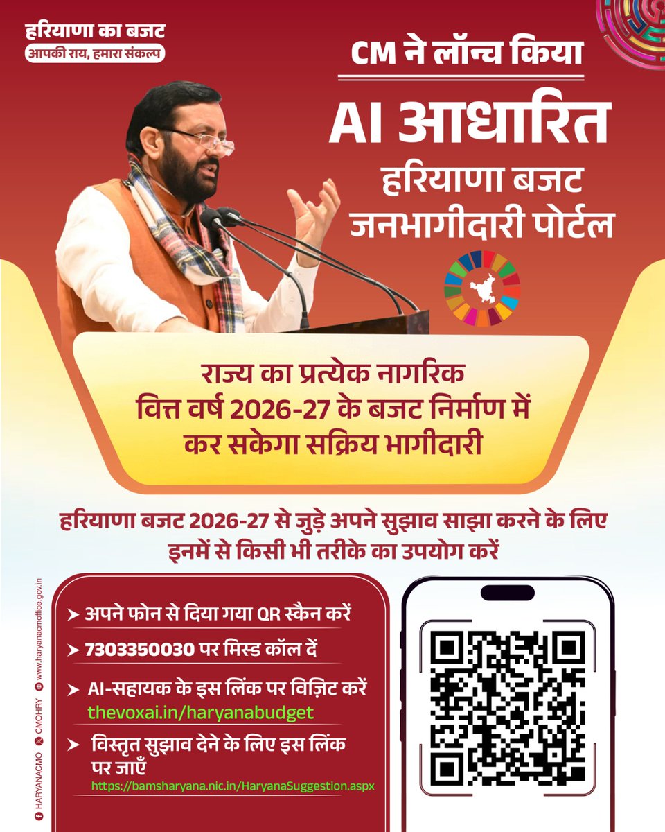 मुख्यमंत्री ने लॉन्च किया AI आधारित हरियाणा बजट जनभागीदारी पोर्टल

राज्य का प्रत्येक नागरिक वित्त वर्ष 2026-27 के बजट निर्माण में 
सक्रिय भागीदार कर सकेगा

हरियाणा बजट 2026–27 से जुड़े अपने सुझाव साझा करने के लिए इनमें से किसी भी तरीके का उपयोग करें-

- अपने फोन से दिया गया QR