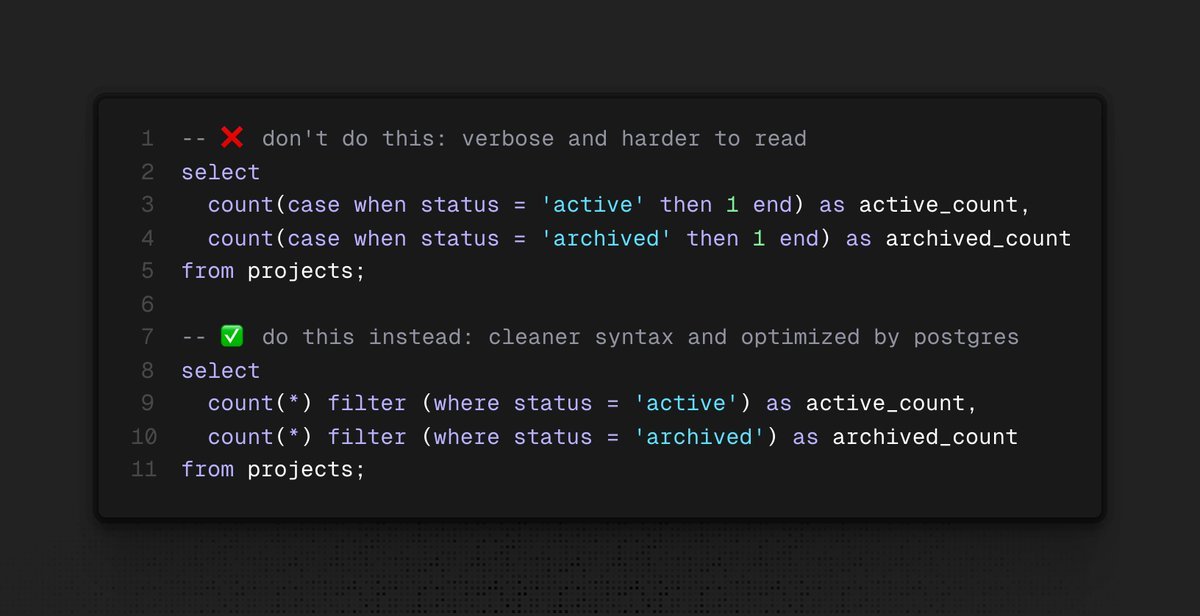 Postgres Tip: Use `filter` instead of `case when` for writing conditional aggregates!

It’s more readable, idiomatic SQL, and often performs better!