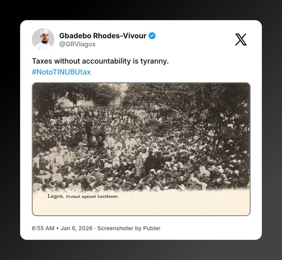 9jaeye_'s tweet image. 👁️ Gbadebo Rhodes-Vivour, Labour Party’s Lagos 2023 governorship candidate, reacts to Tinubu’s tax laws, saying: “Taxes without accountability is tyranny.”
📌 Source: @GRVlagos (X)
#9jaEyeNews #Trump #BreakingNews