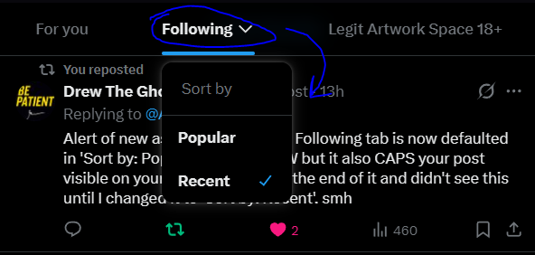 Starting today your following tab on home page is auto sorted by "Popular" so if you dont want to miss works from your favorite artists, make sure you switched it to "Recent"