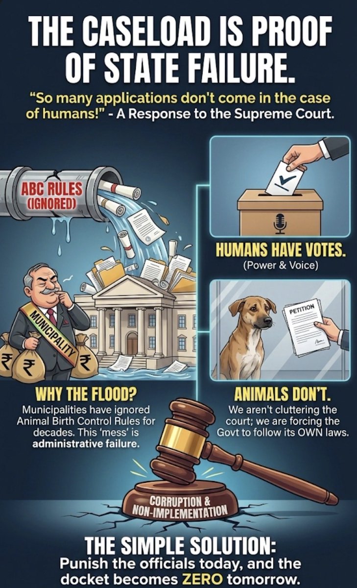 ShrijeetNair06's tweet photo. "So many applications!" 📉

My Lords, this isn't a legal flood it is a spillover of administrative incompetence. 🚰

The math is simple:

Municipalities ignore ABC Rules ➡️ Population grows ➡️ Conflict rises ➡️ We file cases.

We are only in Court because the Government is NOT in the field. Enforce the rules, and watch the docket clear itself. 🚫⚖️
@LiveLawIndia @LivelawH @barandbench 
@KapilSibal 
#SupremeCourt #StrayDogs #GovernanceFailure #India