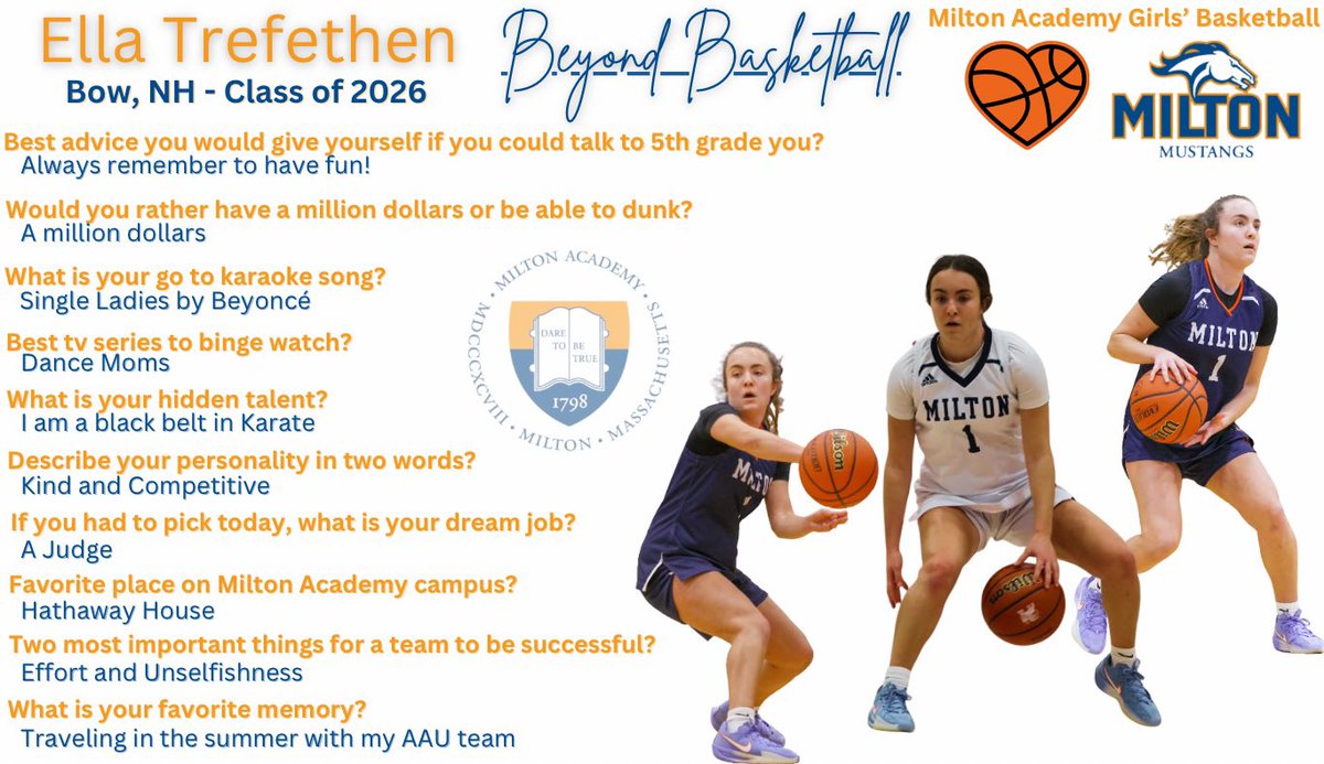 MiltonAcademygb's tweet photo. Beyond Basketball
Milton Academy Girls’ Basketball
Get to know your Mustangs!
Ella Trefethen - Captain
Bow, NH
Class of 2026
Number: 1
Guard
#GoStangs #Million💰#KindandCompetitive #CompleteStudentAthletes #BeyondBasketball https://t.co/p7acotM9NP