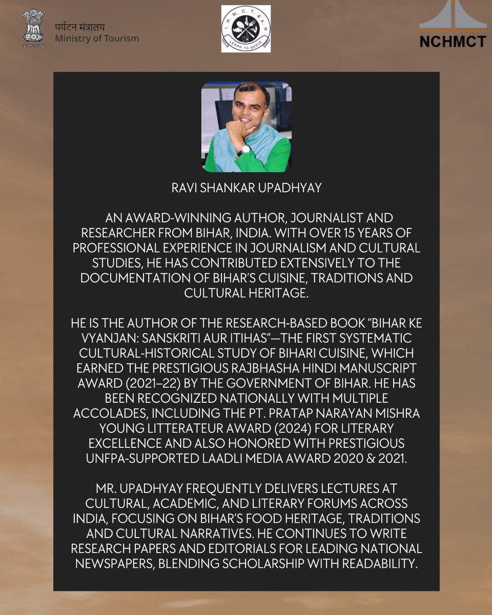 कल बिहार के व्यंजनों के सम्बन्ध में <a href="/IHMJAIPUR/">INSTITUTE OF HOTEL MANAGEMENT, JAIPUR</a> के होटल मैनेजमेंट से जुड़े स्टूडेंट्स से गेस्ट लेक्चरर के रूप में बातें होंगी। उम्मीद है कि राजस्थान व अन्य राज्यों के छात्रों को बिहारी खानपान की परंपरा के संबंध में नई जानकारियाँ मिल सकेगी। आमंत्रण के लिए शुक्रिया आईएचएम जयपुर🙏