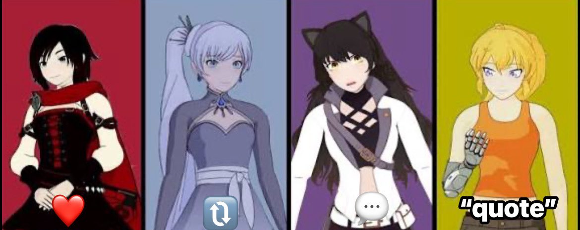 jaYTgameNews's tweet image. If you like #RubyRose give this post a ❤️
If you like #WeissSchnee retweet this post
If you like #BlakeBelladonna comment yes with a fish beside it 
If you like #YangXiaoLong quote yes and add your favourite yang picture
#RWBY