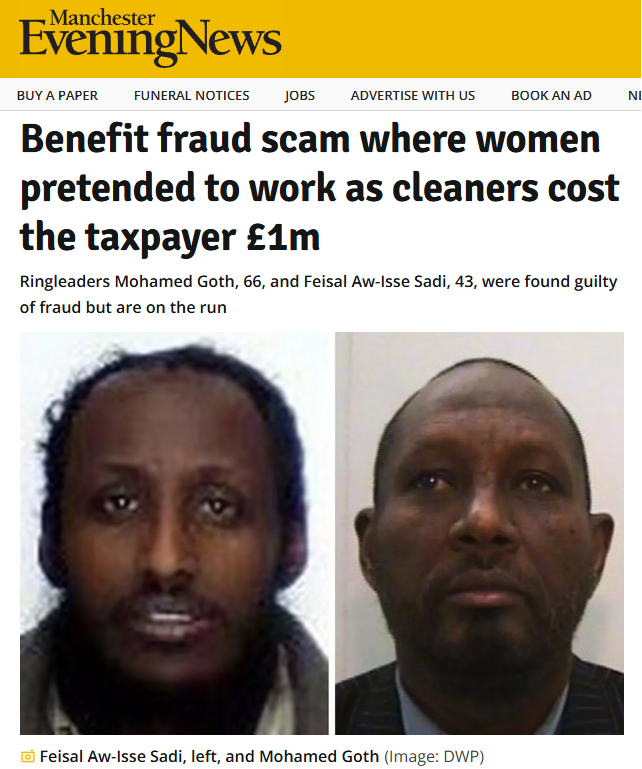 MigrationWatch's tweet photo. In 2020, 23 Somalians were caught running a benefit fraud ring in Manchester.

They used a child care site as cover, and hired Somali women as "cleaners" so they could fraudulently claim tax credits.

Clear parallels with the scams operating in Minnesota. https://t.co/AlB5o8sIuY