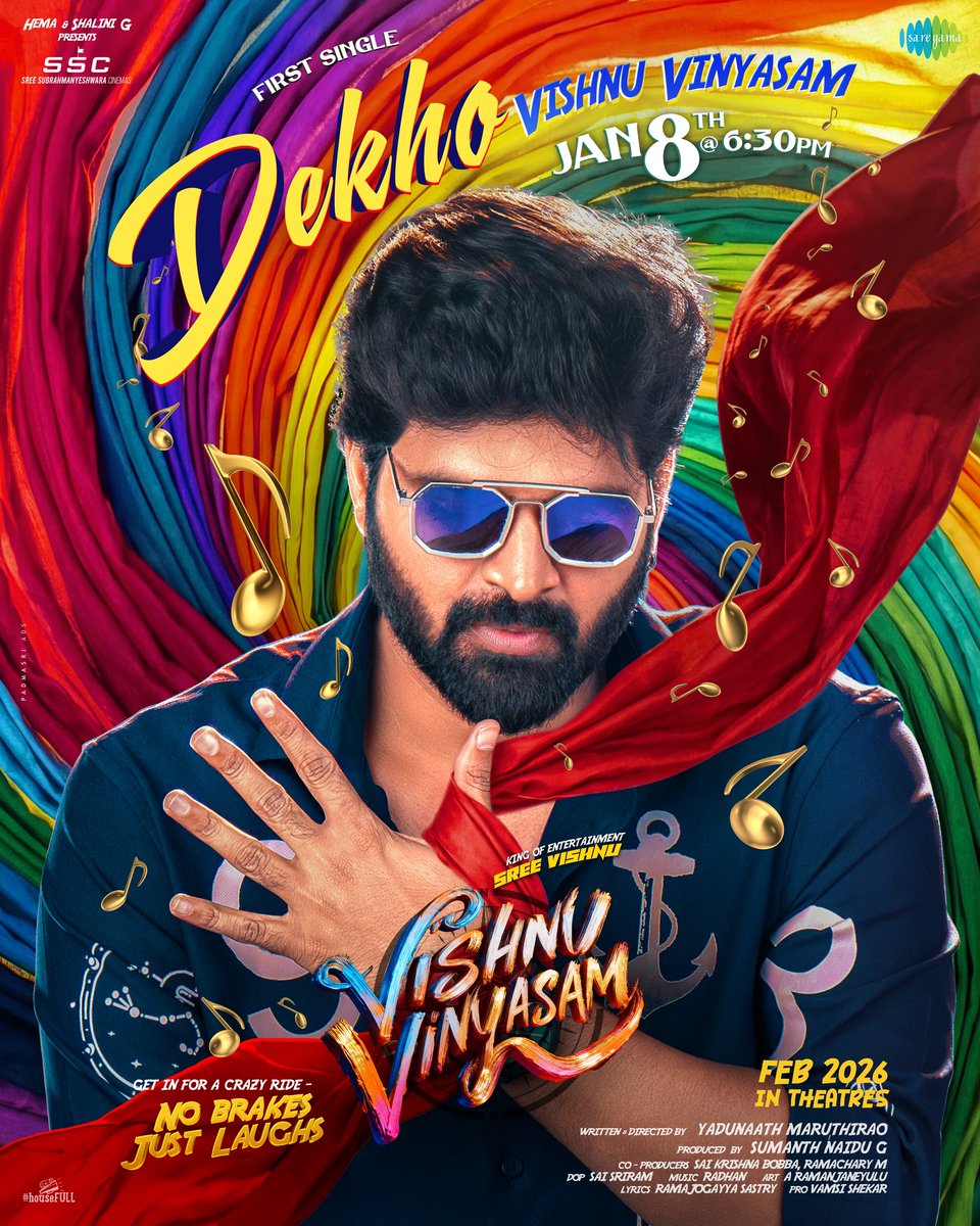 KING OF ENTERTAINMENT <a href="/sreevishnuoffl/">Sree Vishnu</a> is set for a colourful, high-energy musical kickoff 🤩

#VishnuVinyasam 1st Single ARRIVING!🥁🥳

#DekhoVishnuVinyasam - 
Video Lyrical on Jan 8th, 6:30PM ✨

Vishnu Vinyasam - Blasting this February 💥

Directed by <a href="/MaruthiraoG/">YaduNaath Maruthirao</a> 🎬
