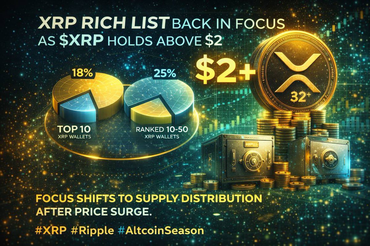 XRP Rich List Returns to the Spotlight as $XRP Holds Above $2 $XRP  continues to trade above the $2 level, shifting focus away from short-term  price moves toward supply dynamics. On-chain data
