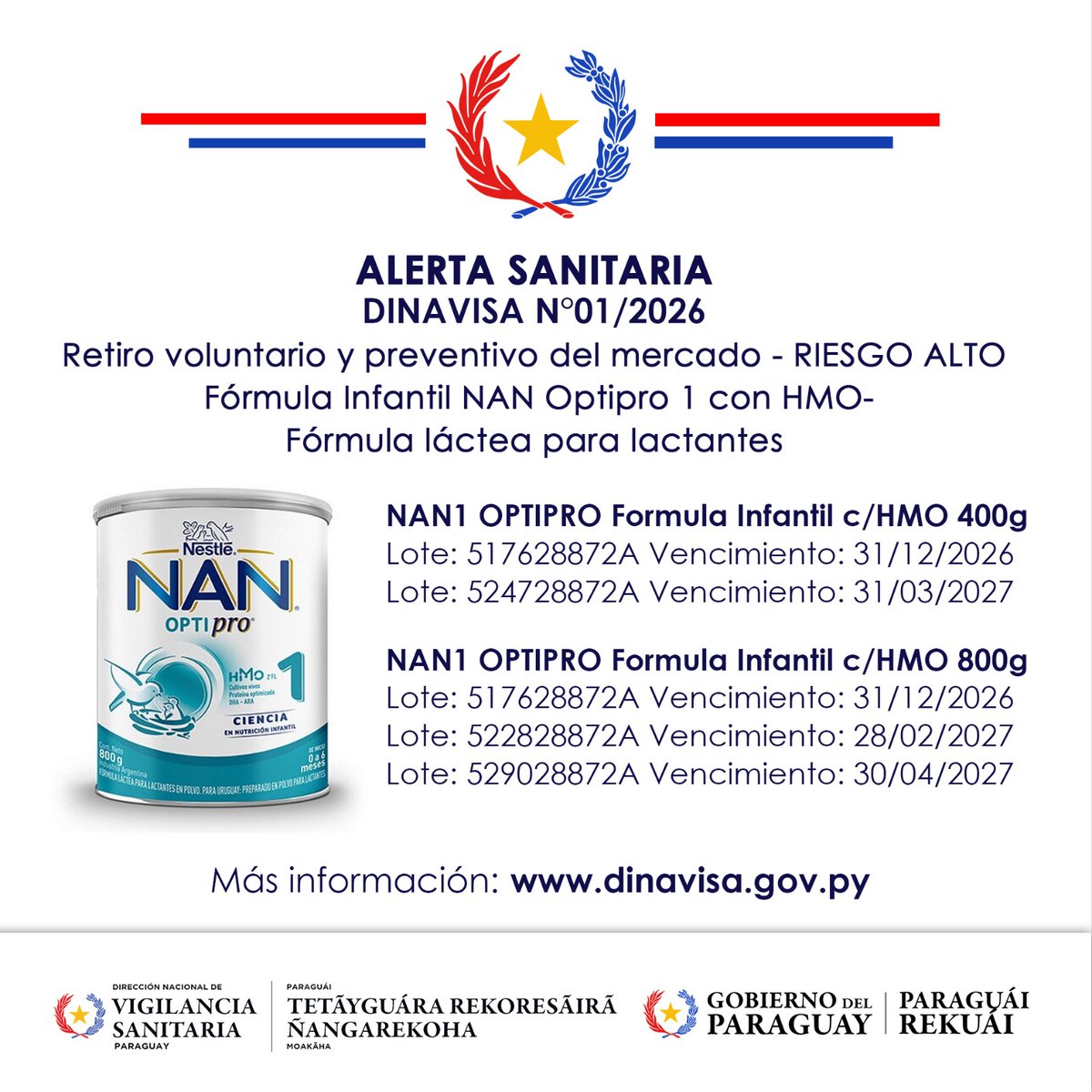 #DINAVISA informa a la población que la empresa Nestlé Paraguay S.A. inició un retiro voluntario y preventivo del mercado de determinados lotes de productos destinados a lactantes. 1/8