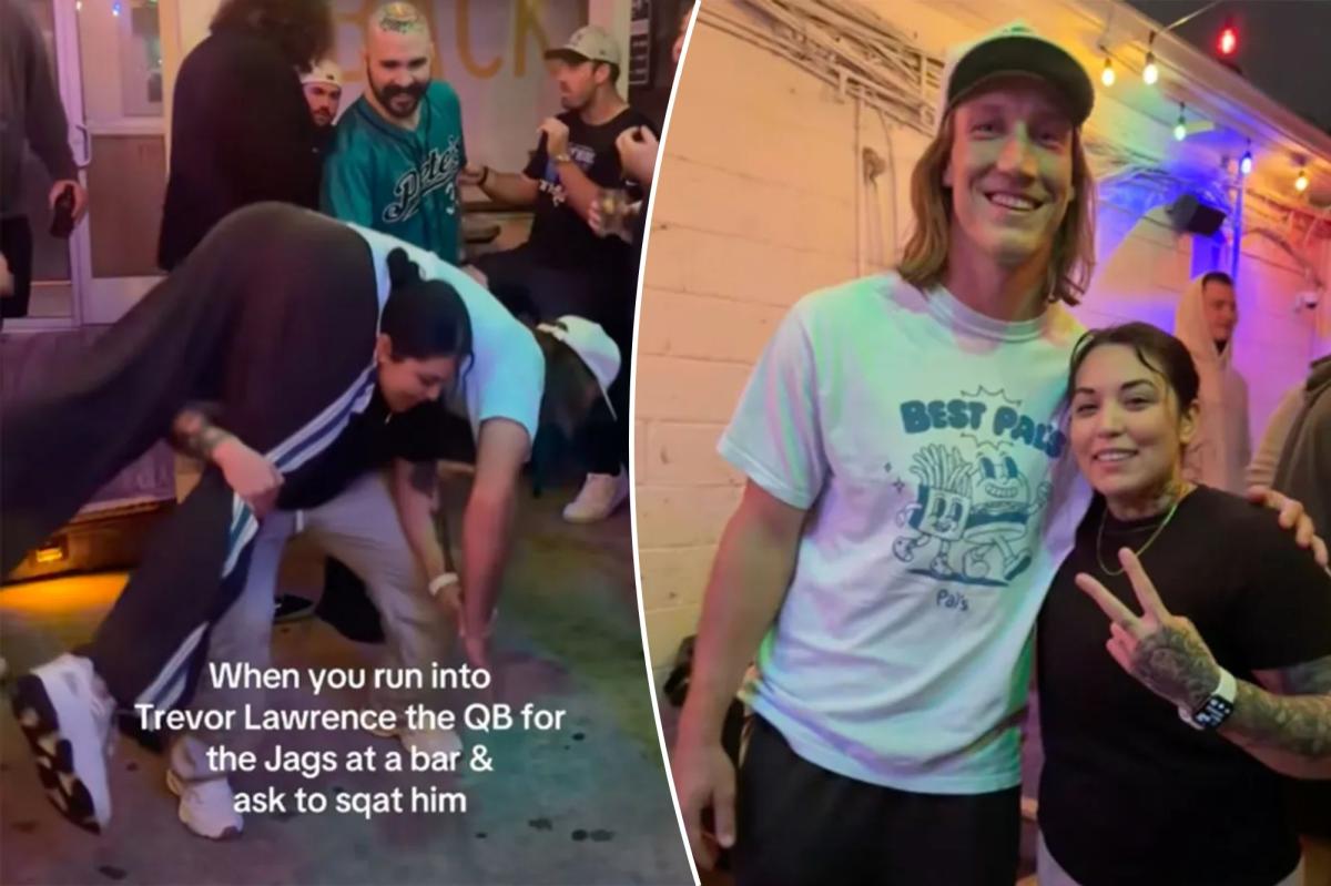 nypost's tweet image. Trevor Lawrence squatted by Jaguars fan in bizarre bar scene trib.al/JtruVlB