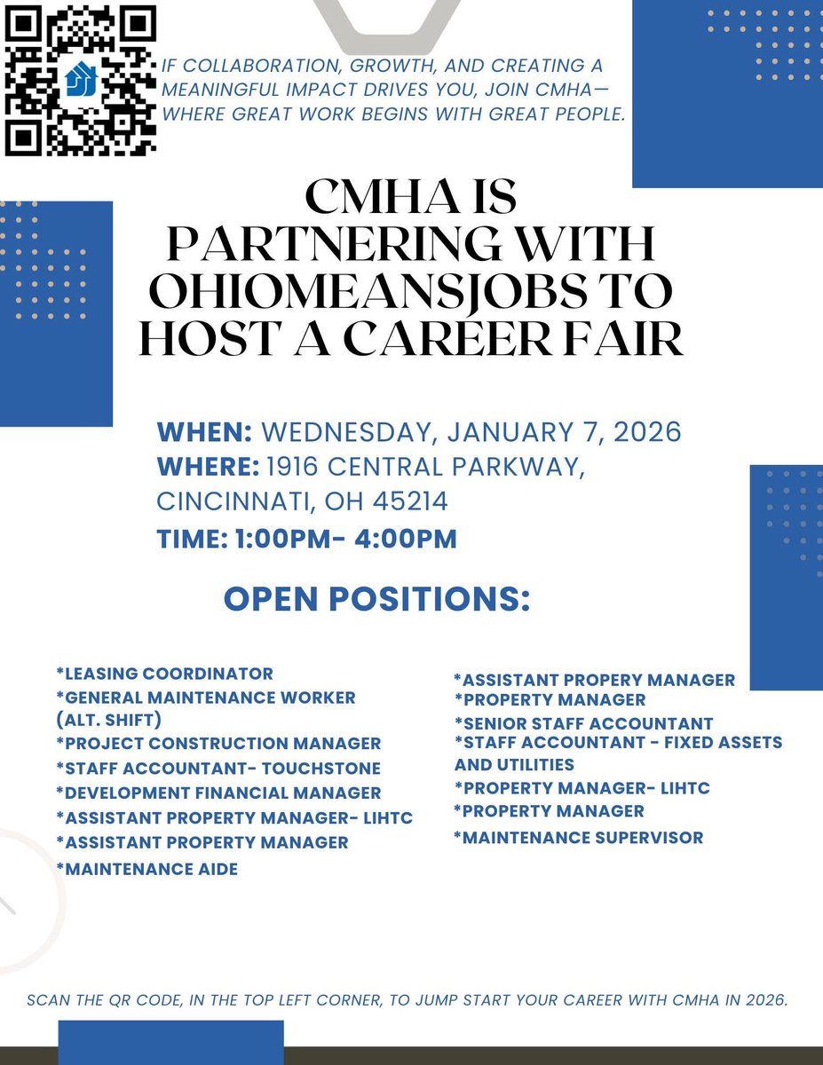 This Wednesday we’re partnering with <a href="/cintimha/">Cincinnati Metropolitan Housing Authority</a> for our first career fair of 2026. Stop by to jump start your year with a new career!
