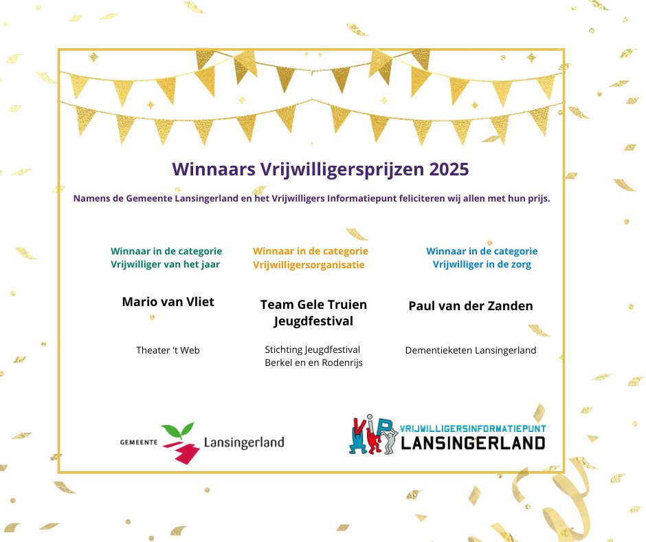 Uitreiking winnaars vrijwilligersprijzen 2025

We zijn trots op alle ontvangen nominaties en de winnaars, die gisteren tijdens de nieuwjaarsreceptie bekend werden gemaakt.

Op naar de nominaties van de vrijwilligersprijzen 2026!