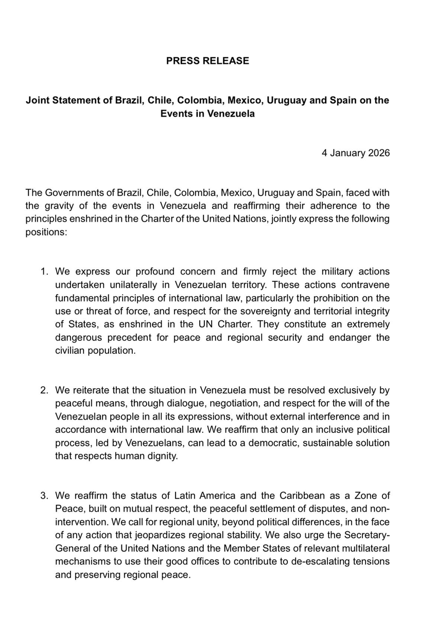YourAnonCentral's tweet photo. Joint statement by Spain, Brazil, Chile, Colombia, Mexico and Uruguay rejecting the illegal US aggression in Venezuela and warn against the theft of natural resources by the US. https://t.co/XfSwHwZH7o