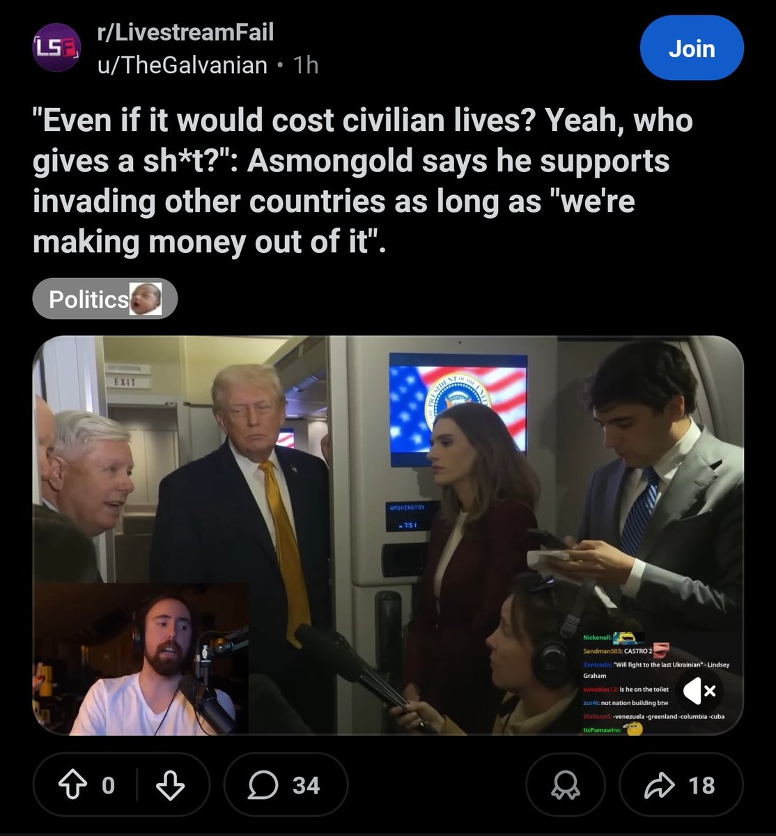 Disinfo_Tracker's tweet image. Asmongold says he supports killing innocent people in other countries in order to steal their resources.

Literally. He said that.

I found the video on reddit. His fans brigaded to hide the post. But why?

They call him "based"... but then they try to hide his psychopathy.