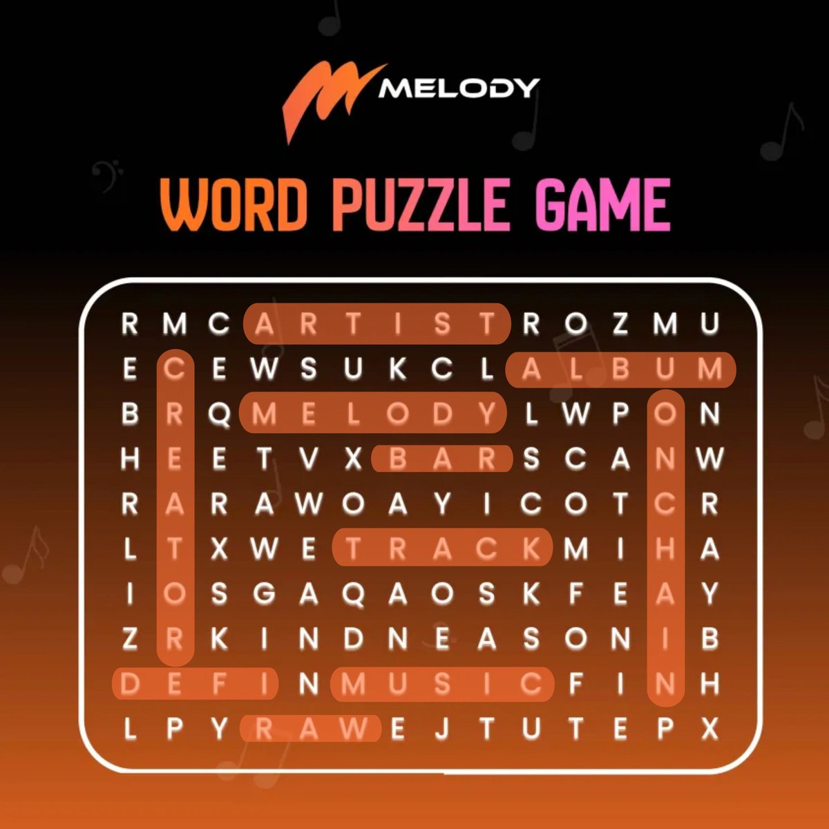 faqothtzy's tweet photo. ๐งฉ Melody Word Puzzle โ Completed
All 10 words found (horizontal & vertical only):
1. ARTIST
2. ALBUM
3. MELODY
4. BAR
5. TRACK
6. MUSIC
7. RAW
8. CREATOR
9. DEFI
10. ONCHAIN
Thank you for the engaging puzzle challenge. ๐ถ @MelodyAssets
#Melody #WordPuzzle #MusicRWA https://t.co/MKpED2zlLY