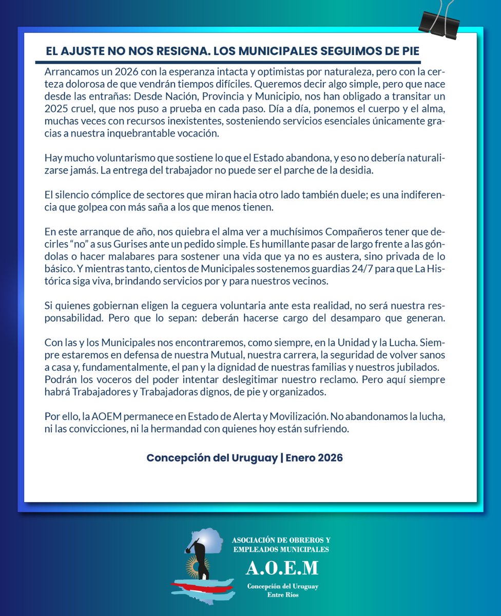 SomosFESTRAM's tweet photo. El ajuste no nos resigna.
Los municipales seguimos de pie, sosteniendo servicios esenciales con vocación y dignidad, mientras otros miran para otro lado. Unidad, lucha y organización para defender el pan y el futuro de nuestras familias. ✊
#MunicipalesDePie #UnidadYLucha #AOEM https://t.co/jwLBr6Ie2l
