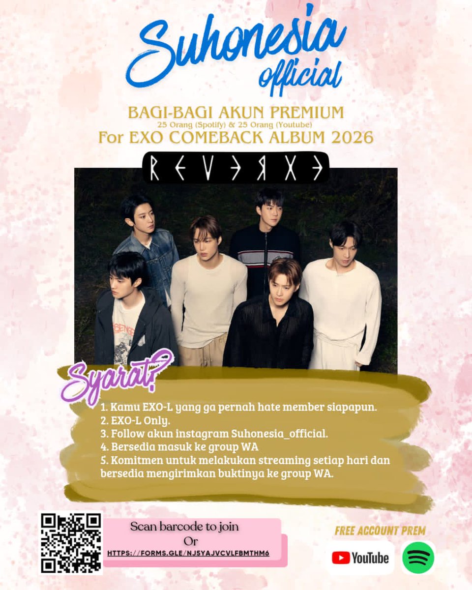 nopi_EXOL's tweet image. Untuk mendukung comeback EXO bulan ini, Suhonesia Official bagi2 akun yutub dan spotify premium dgn syarat terlampir.

Yg mau ikutan bisa cek akun IG nya instagram.com/suhonesia_offi…

Atau bisa langsung isi form ini :
forms.gle/DuaZwtHsQAFmhn…