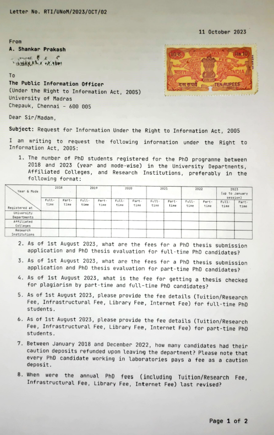 PhSoCr's tweet photo. For 2 YEARS, University of Madras has been violating the RTI Act with impunity.

On 11 Oct 2023, I filed an RTI request seeking basic information about PhD fees. What followed is a masterclass in institutional opacity &amp; contempt for transparency.

A thread 🧵 1/10 https://t.co/paftGsGXgt