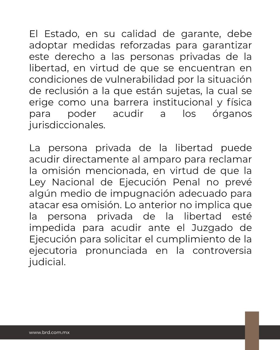 bufeteruizduran's tweet photo. La persona privada de la libertad puede promover amparo indirecto contra la omisión de la persona juzgadora de Ejecución de vigilar el efectivo cumplimiento de la resolución que emitió en una controversia judicial relacionada con las condiciones de su internamiento. https://t.co/sPn78FakYM