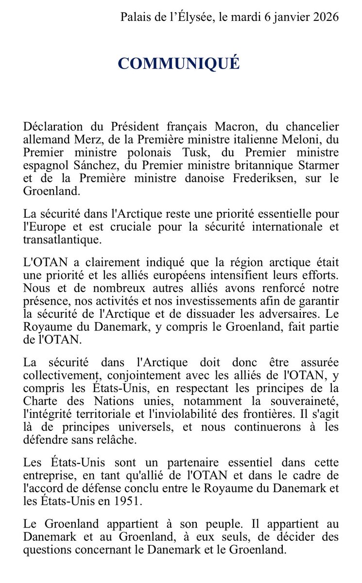 MarionVanR's tweet image. Déclaration signée Macron🇫🇷, Starmer🇬🇧, Merz🇩🇪, Meloni🇮🇹, Tusk🇵🇱 et Frederiksen🇩🇰.

Rappelant la souveraineté du Groenland et du Danemark.
Précisant que le Royaume du Danemark, y compris le Groenland, est membre de l'OTAN dont les 🇺🇸 sont le partenaire essentiel.

Un bon début.