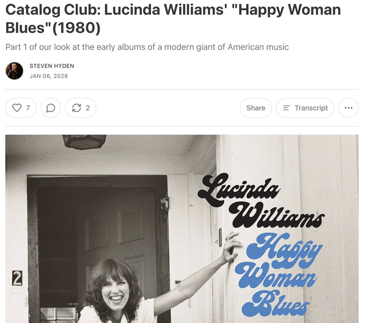 Just launched the first installment of Catalog Club. It's like a book club but with albums. Every month, I'll pick an artist and over 4 weeks talk about 4 of their albums. This month's artist is Lucinda Williams. Check out the first episode, it's free!
tinyurl.com/ac4msrzm