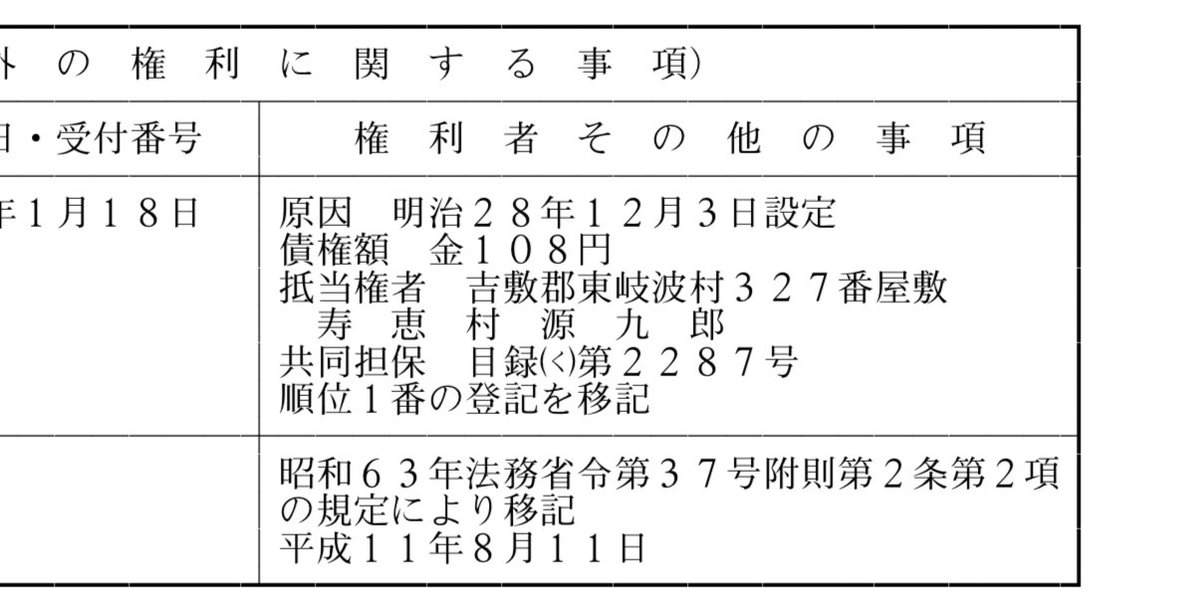 実家の土地売ろうと思ったら、まさかの明治の債権額108円の抵当権が残ってる。元本に130年分の溜まりに溜まった遅延損害金、合わせて915円供託して抹消だ。