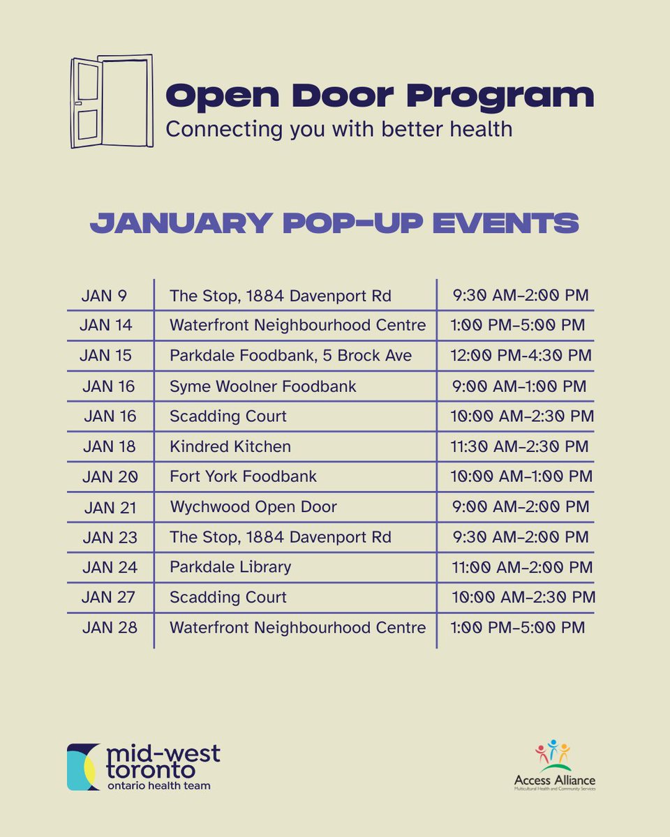 Navigating health services can be confusing. Our Open Door team brings support to your neighbourhood. 🚪

Stop by for blood pressure checks, mental health resources, or help accessing care.

Open Door is a MWT-OHT initiative led by <a href="/AccessAlliance/">Access Alliance MHCS</a>. 

📍 Schedule