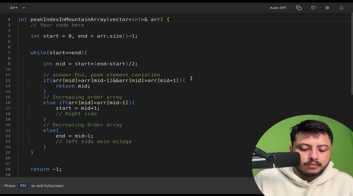 MohitKu79586866's tweet photo. #Day23 of Strike DSA + GenAI by @rohit_negi9
Today's Learning:-
🔹 Solved sqrt(x) using Binary Search instead of brute force.
🔹 Solved Peak Index in a Mountain Array by comparing mid with its neighbors.
#StrikeCourse #DSA #CPP #BinarySearch #GenAI
#ProblemSolving https://t.co/rz7uve23qI
