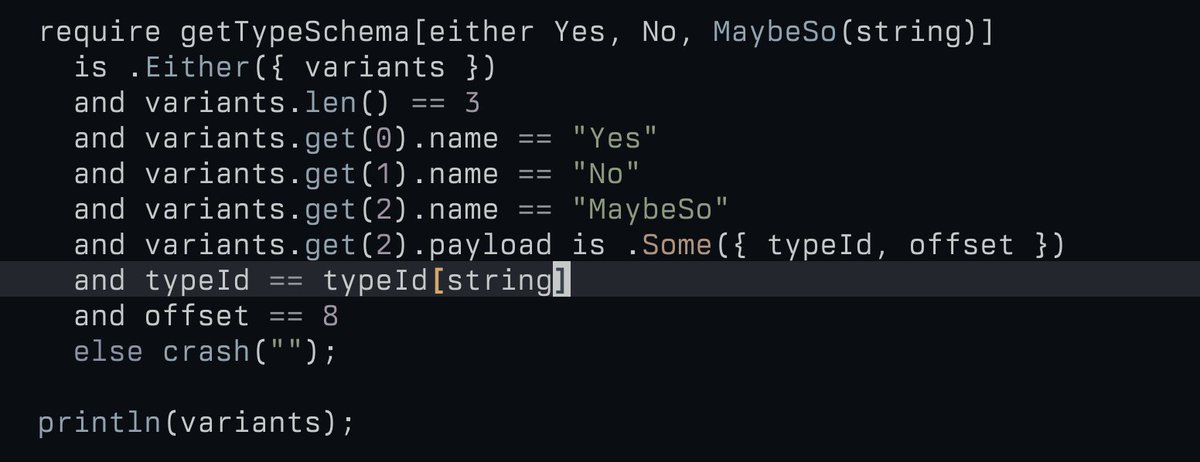 I'm a bit in love with this chunk of k1 code; we're defining a rich sum type anonymously, retrieving its schema as a sum type, pattern matching on it, binding variables, and making assertions, and it feels extremely simple and intuitive to me.