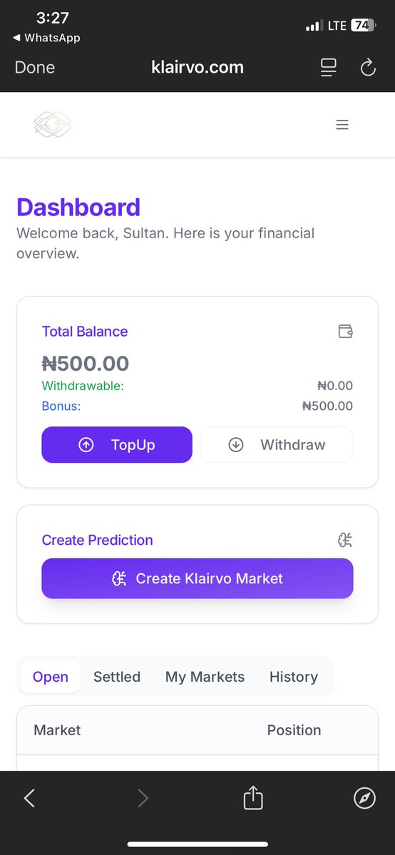 SultanTaiwo2's tweet image. Klairvo is a prediction site that helps UP your money by predicting on future events from sport, politics, entertainment and literally anything. 
Better still? You can even create a market for people to predict in.
The best prediction site out there. Get 500 upon signing in. 
⬇️