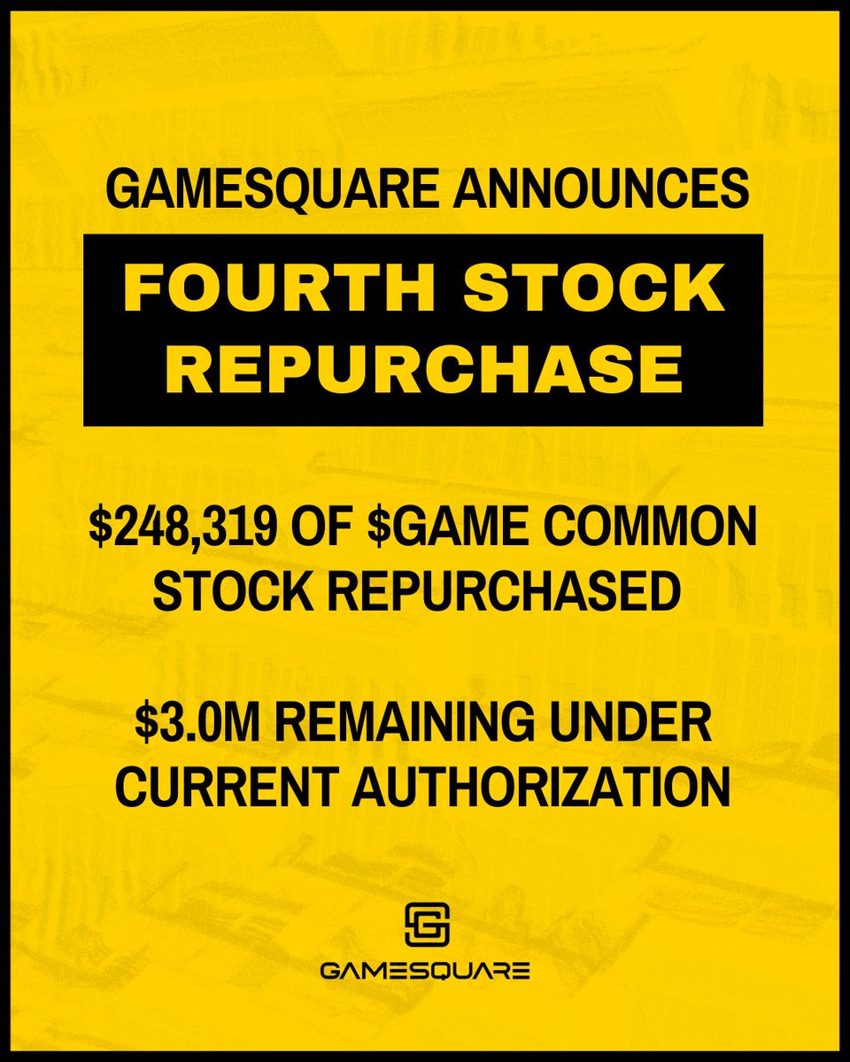 GSQHoldings's tweet photo. Today, GameSquare announced the repurchase of 543,057 shares of its common stock for $248,319, representing an average price of approximately $0.46 per share.

From our CEO @justin_kenna: “We are pleased to announce our fourth consecutive monthly share repurchase. The yield produced by our Digital Asset Treasury strategy enhances our financial flexibility and supports consistent share repurchases, while improving fundamentals across our operations underscore the underlying strength of GameSquare's platform. Our continued buybacks reflect our conviction in the Company's trajectory and our commitment to disciplined, shareholder-focused capital allocation.”

Since October 2025, GameSquare has repurchased a total of 3,535,574 shares of its common stock for $1,977,075, representing an average price of approximately $0.56 per share, with approximately $3.0 million remaining under the current authorization.