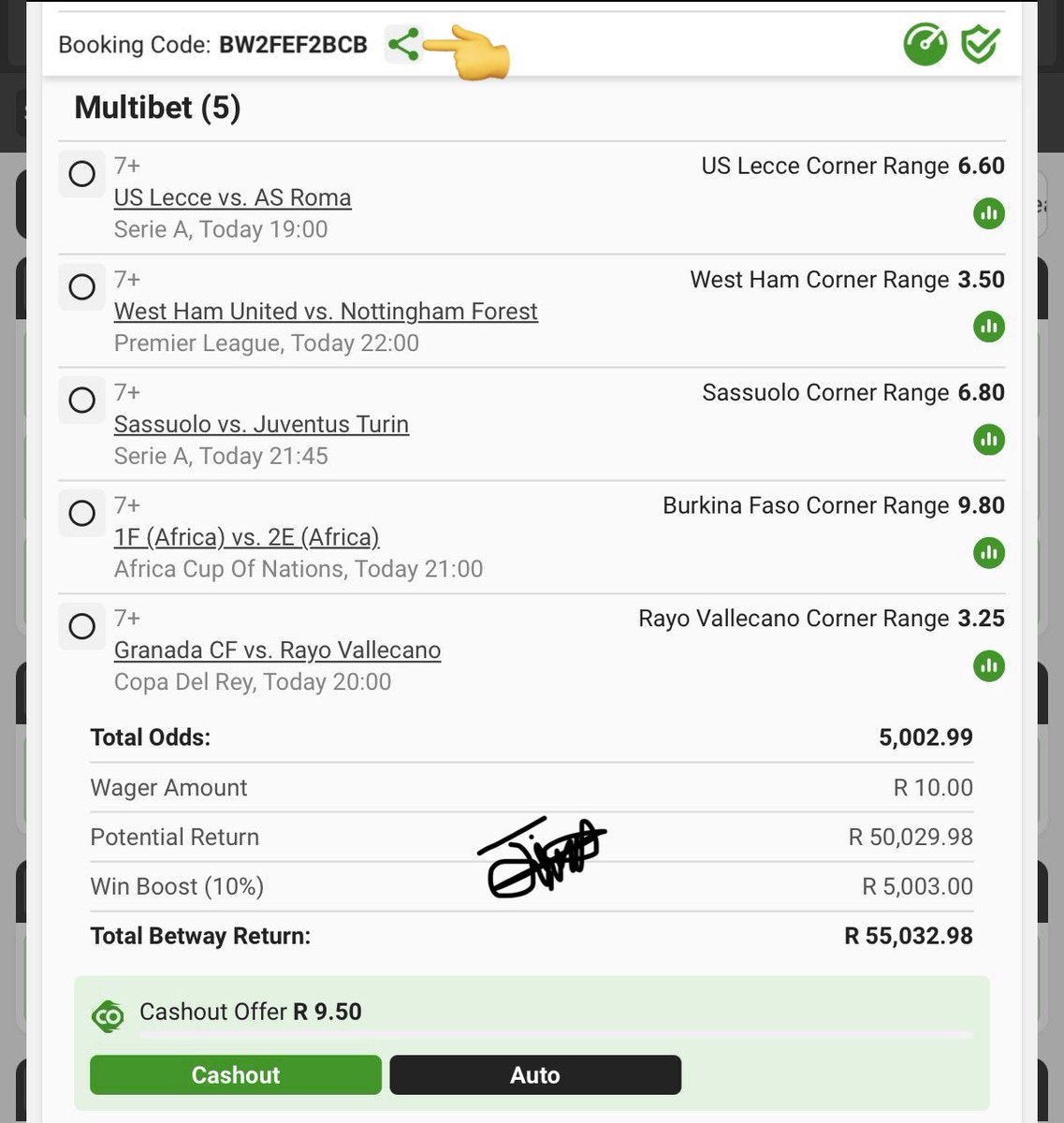 ⛳️ 𝟕+ 𝐂𝐨𝐫𝐧𝐞𝐫𝐬 𝐑𝐚𝐧𝐠𝐞 𝐌𝐚𝐫𝐤𝐞𝐭⛳️

🚨Underdogs ticket🚨

⏰𝐊𝐢𝐜𝐤-𝐨𝐟𝐟: 19:00
🎟️𝐁𝐨𝐨𝐤𝐢𝐧𝐠 𝐂𝐨𝐝𝐞: BW2FEF2BCB

🛜𝙍𝙚𝙜𝙞𝙨𝙩𝙚𝙧/𝙎𝙞𝙜𝙣 𝙪𝙥 𝙝𝙚𝙧𝙚: bit.ly/Jimmy_50

🔗𝐁𝐞𝐭𝐬𝐥𝐢𝐩 𝐋𝐢𝐧𝐤:new.betway.co.za/book-a-bet-res…

🔞+|𝕋&amp;ℂ'𝕤 𝕒𝕡𝕡𝕝𝕪