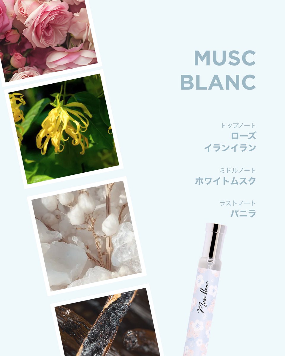 adopt_JP's tweet photo. 香りで “清潔感” と “やさしさ” を纏いたい日に 🩵
Musc Blanc（ムスク ブラン）は、柔らかく、クリーンで、毎日に寄り添うフローラルムスク。コットンに包まれたような安心感で、シーンを選ばず使える “マストハブ” な1本。香りを着替える毎日のベースとしてもおすすめ。
香りのノート 🗒️
トップ：ローズ・イランイラン
ミドル：ホワイトムスク
ラスト：バニラ

最初はローズとイランイランの繊細なフローラル。やがてホワイトムスクがふんわり広がり、ラストはバニラのやさしい甘さが肌に溶け込むように続きます。

楽天の公式オンラインサイトで販売中。
こちらから【 https://t.co/YXgH9pPfmZ 】

#Adopt香水 #アドプト #香水 #ドンキ #ドンキホーテ