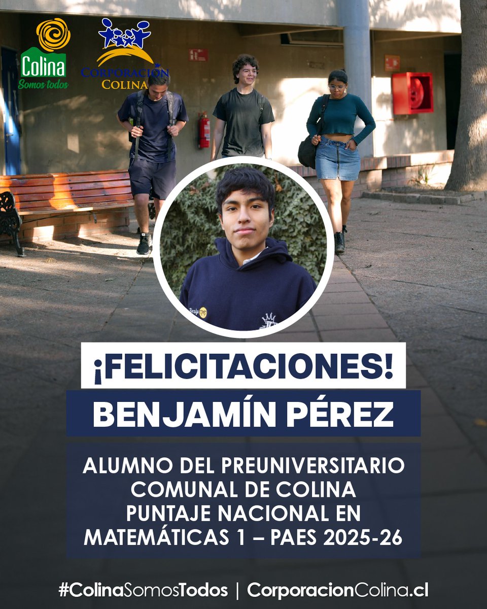 CorpColina's tweet image. 𝗕𝗘𝗡𝗝𝗔𝗠𝗜́𝗡 𝗣𝗘́𝗥𝗘𝗭 𝗟𝗢𝗚𝗥𝗔 𝗣𝗨𝗡𝗧𝗔𝗝𝗘 𝗡𝗔𝗖𝗜𝗢𝗡𝗔𝗟 
Desde  Preuniversitario Comunal  felicitamos a Benjamín, de Escuela Santa Teresa del Carmelo, quien se preparó con nosotros y alcanzó un puntaje nacional en la PAES Matemática 1 2025-26.