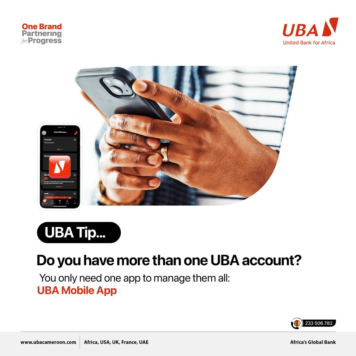 ubacameroon's tweet photo. #UBATips 💡
Wondering how to keep an eye on all your UBA accounts?
𝗨𝗕𝗔 𝗠𝗼𝗯𝗶𝗹𝗲 𝗔𝗽𝗽 gives you a clear, real-time view of all your accounts in one place, so you can manage your transactions and track your activity anytime, anywhere.
👉 Download the app from the App Store or Play Store
👉 Log in and manage your accounts with ease.
Need assistance? Contact us at +237 233 50 67 82 or visit any UBA branch for guidance.
#AfricasGlobalBank
#TheBankCloserToYou