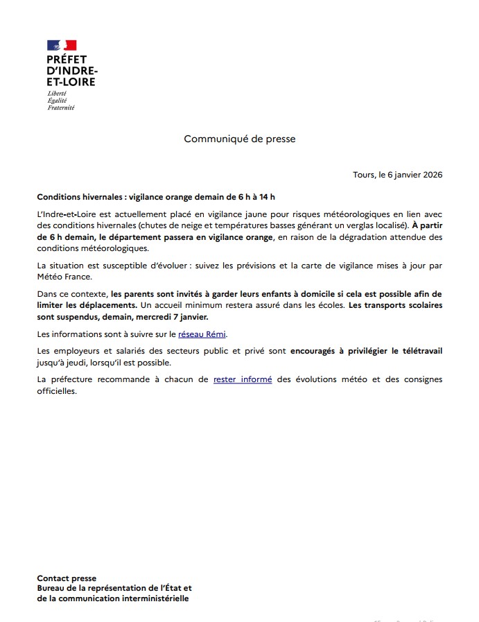 Image de Préfet d'Indre-et-Loire - ⚠️ Conditions hivernales en Indre-et-Loire  

À partir de demain, de 6 h à 14 h, le département pass