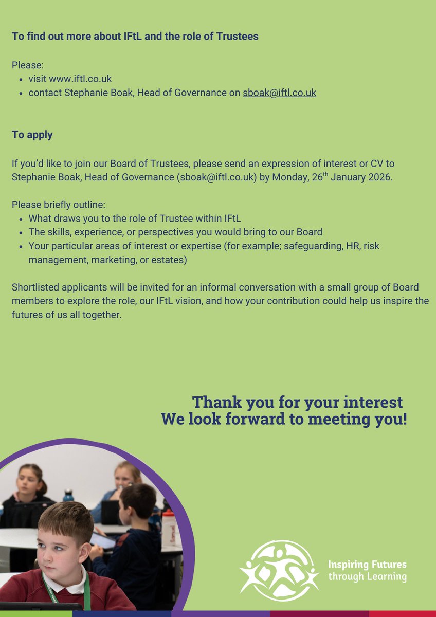 IFtL_MAT's tweet photo. Trustees wanted

Trustees play a vital role in shaping the strategy and vision of our schools.
By joining, you contribute your skills to support IFtL's family of schools.  Your voice matters.

📧 If interested, email sboak@iftl.co.uk

#IFtL #IFtLFamily #BelongingInIFtL #Trustees https://t.co/GF5FTOinjg